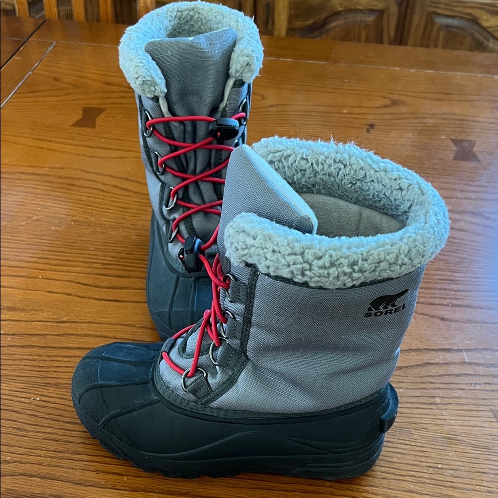 Sorel Black and Gray Boots with Red Accents
